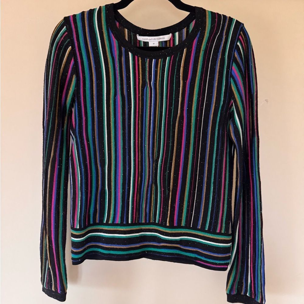 Diane Von Furstenberg Black Multicolor Striped Lightweight Sweater
